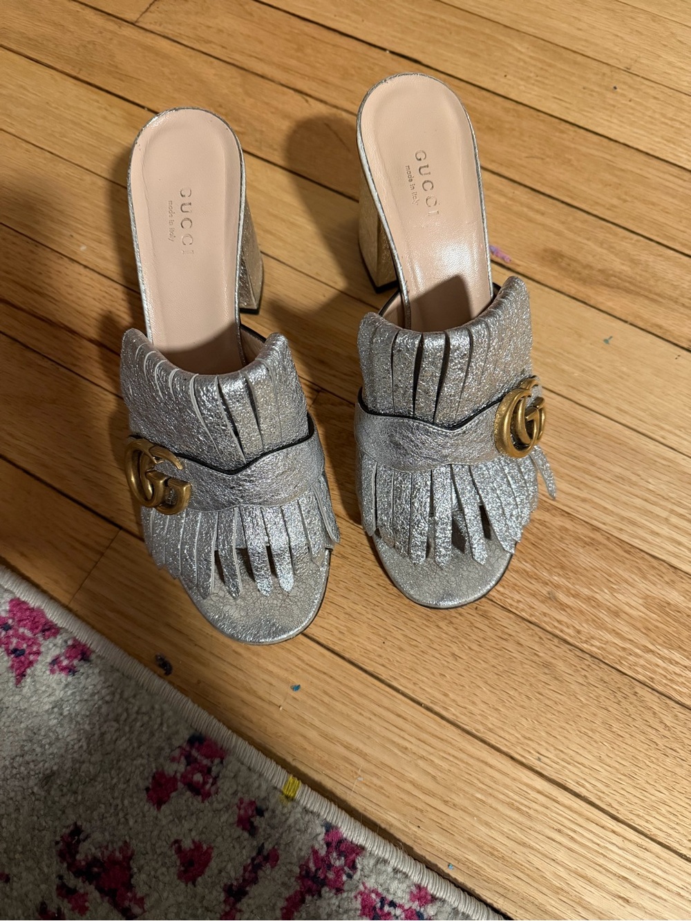 Gucci Silver Fringe GG Marmont Block Heel sandals